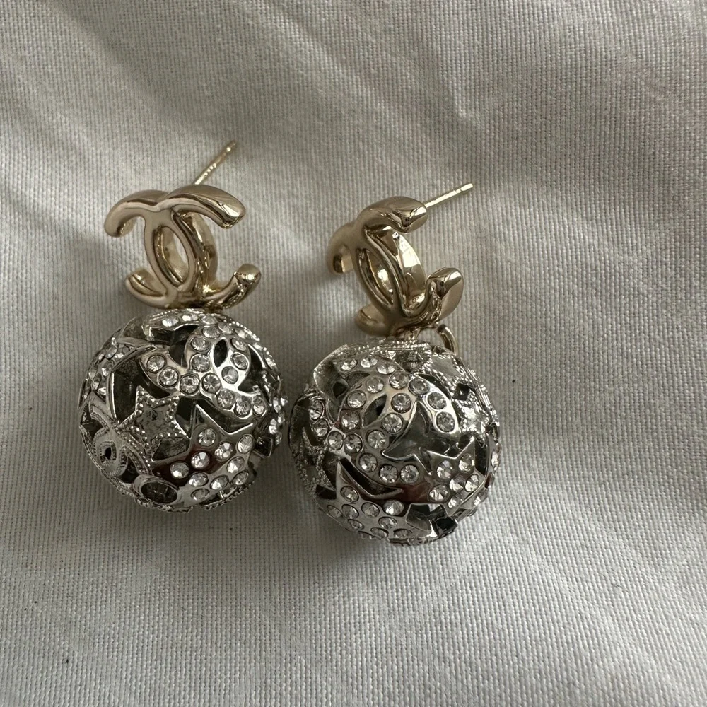 🌟 CHANEL CC Drop Earrings with Silver Crystal-Filled Spheres